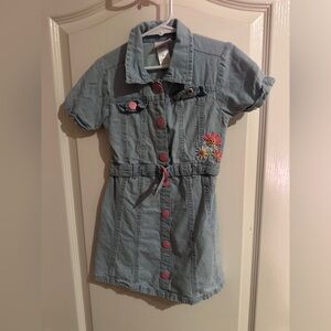 Girls Light Denim Button-Front Dress with Floral Embroidery